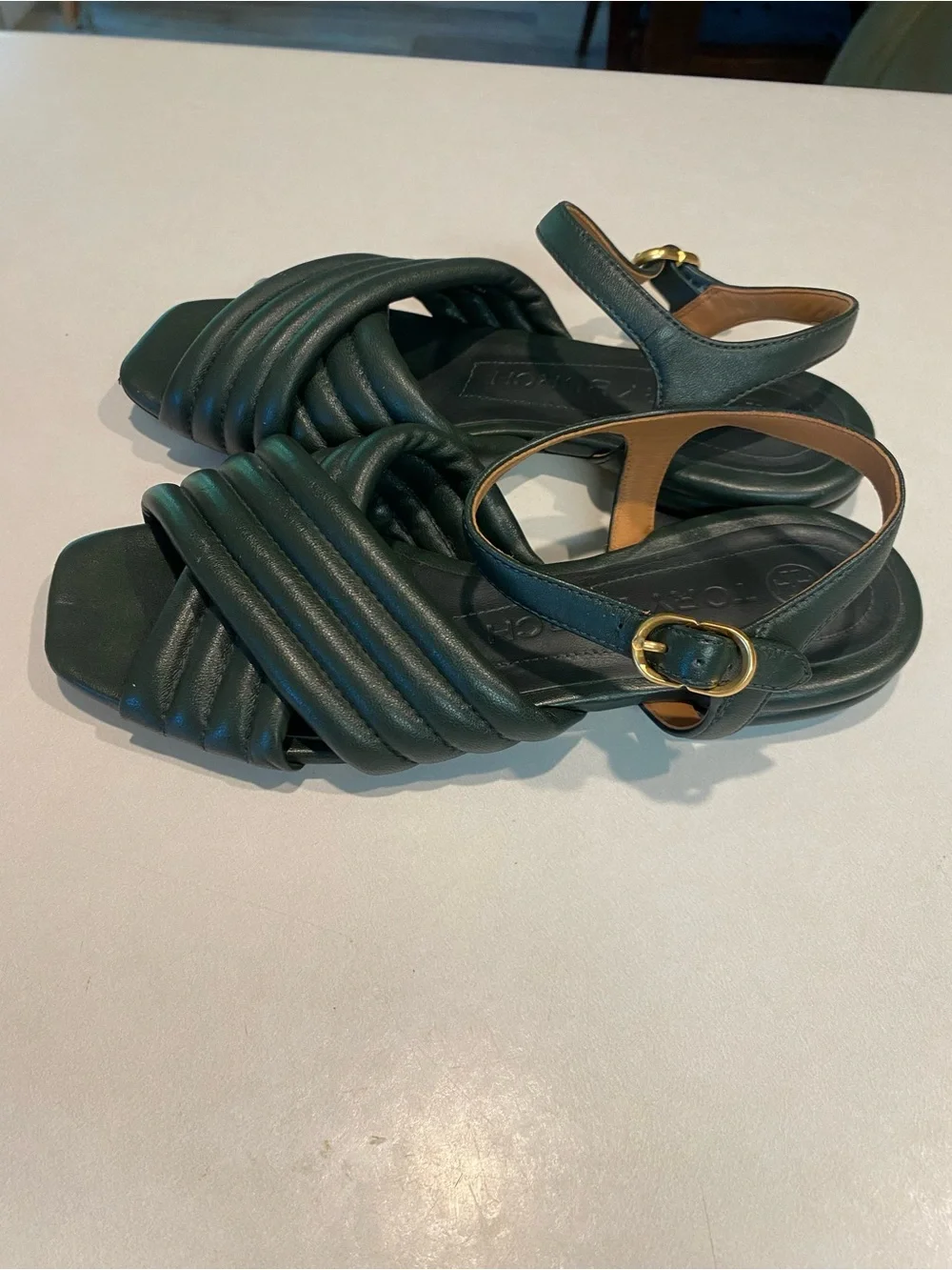 TORY BURCH KIRA QUILTED ANKLE STRAP SANDAL RICH DARK GREEN GOLD HARDWARE SZ 7